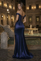 Burgundy Off The Shoulder Mermaid Beaded Satin Long Prom Dresses With Appliques - Curvevia