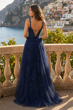 A-line V Neck Lace Tulle Evening Dress With Slit - Curvevia