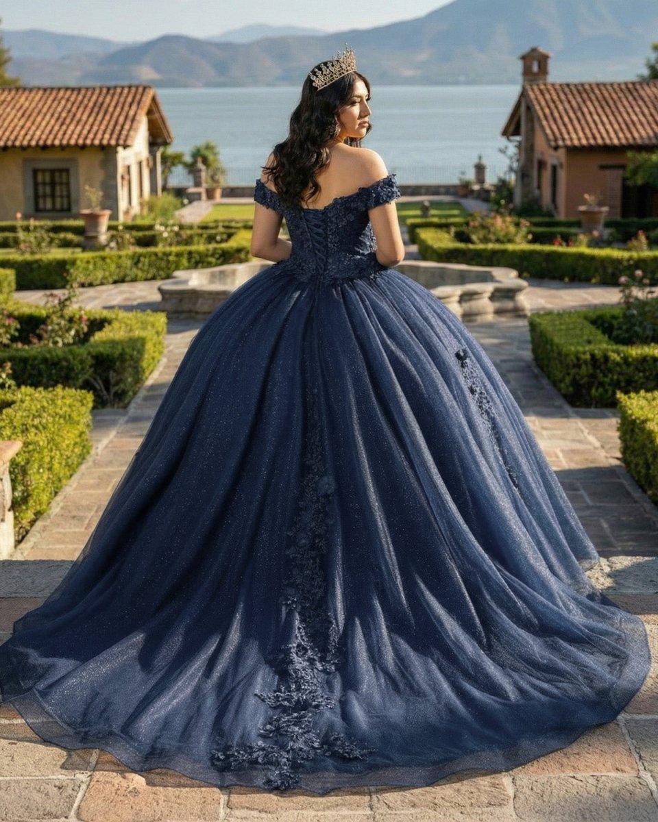 Navy Blue Organza Off The Shoulder Ball Gown Quinceanera Dress - Curvevia