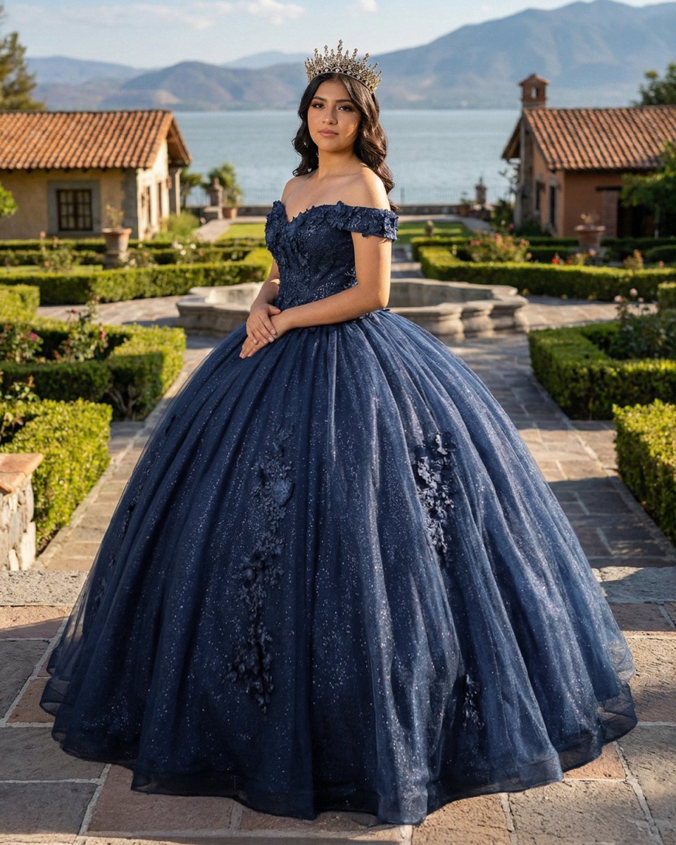 Navy Blue Organza Off The Shoulder Ball Gown Quinceanera Dress - Curvevia