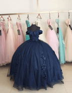Navy Blue Organza Off The Shoulder Ball Gown Quinceanera Dress - Curvevia