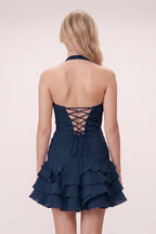 Brown Organza Halter A-Line Pleated Ruffled Wedding Guest Dress - Curvevia