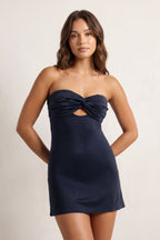 Navy Blue Ruched Sweetheart Sheath Satin Homecoming Dress - Curvevia