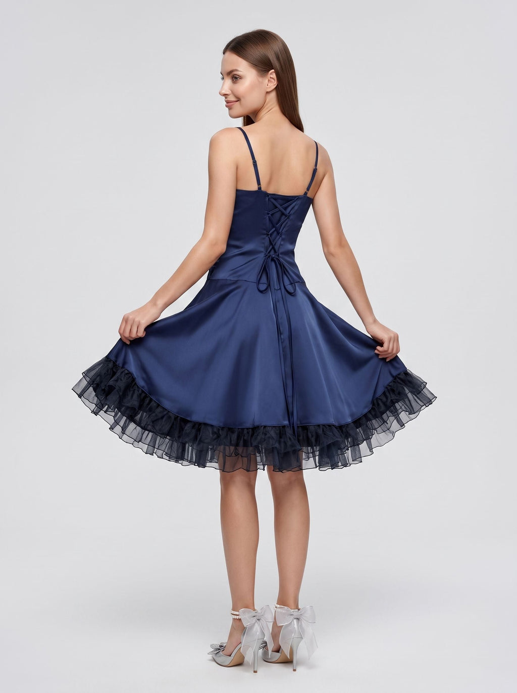 Navy Blue Satin A-Line Straight Neck Criss-Cross Straps Short Dress with Ruffled Hem - Curvevia