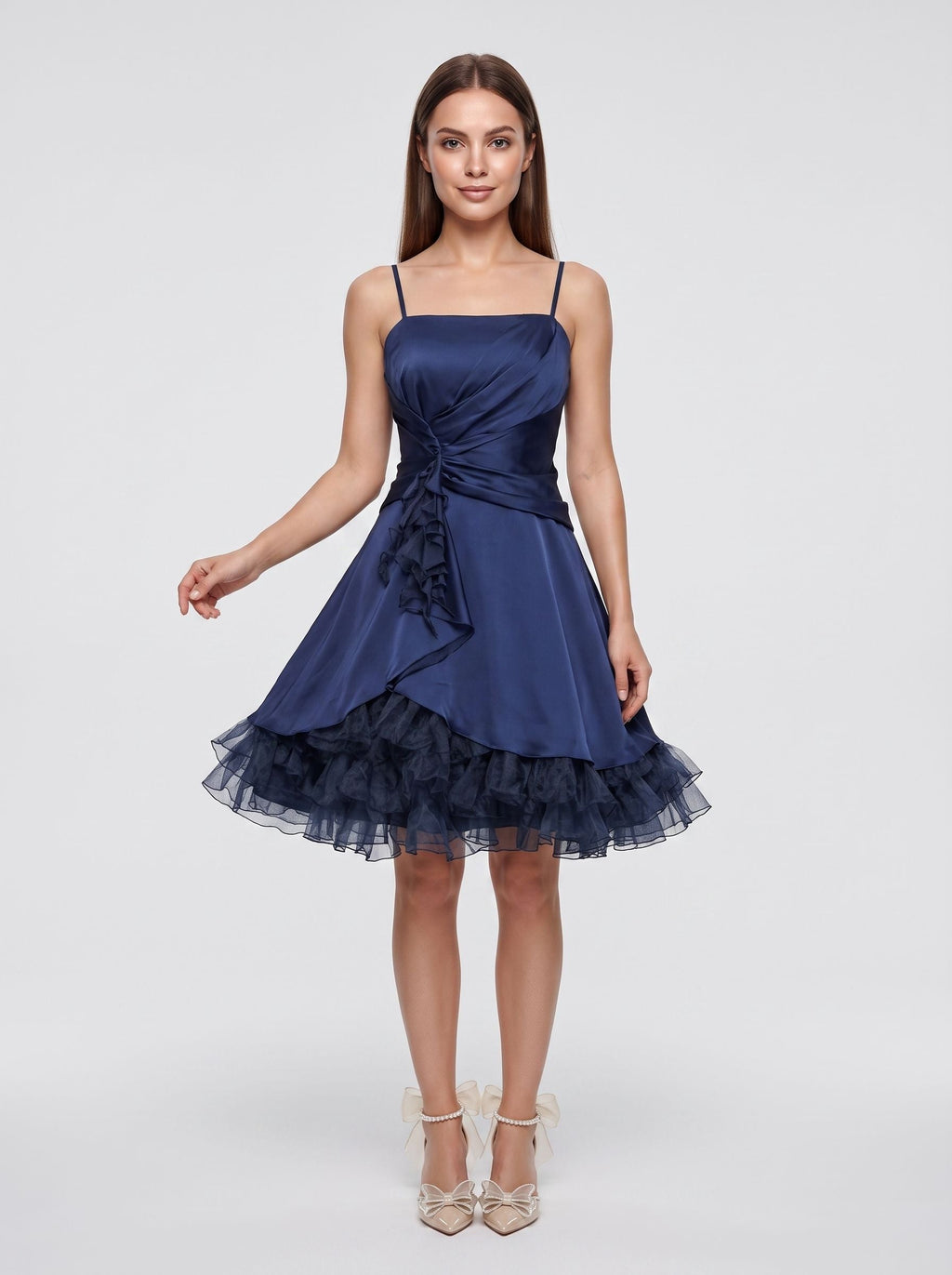 Navy Blue Satin A-Line Straight Neck Criss-Cross Straps Short Dress with Ruffled Hem - Curvevia