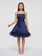 Navy Blue Satin A-Line Straight Neck Criss-Cross Straps Short Dress with Ruffled Hem - Curvevia