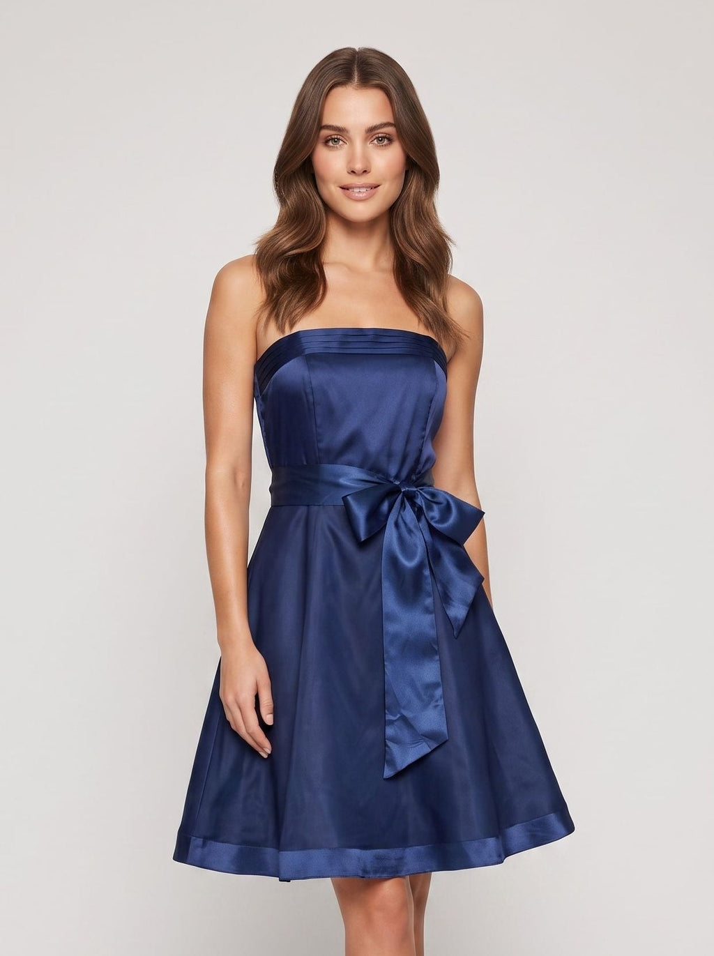 Navy Blue Satin A-Line Straight Neck Back Zip Short Dress with Pleating - Curvevia