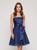 Navy Blue Satin A-Line Straight Neck Back Zip Short Dress with Pleating - Curvevia