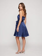 Navy Blue Satin A-Line Straight Neck Back Zip Short Dress with Pleating - Curvevia