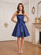 Navy Blue Satin A-Line Straight Neck Back Zip Short Dress with Pleating - Curvevia