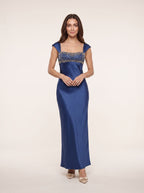 Navy Blue Satin Mermaid Straight Neck Back Zip Floor-Length Dress with Beaded Bodice & Side Slit - Curvevia