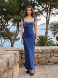 Navy Blue Satin Mermaid Straight Neck Back Zip Floor-Length Dress with Beaded Bodice & Side Slit - Curvevia