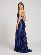 Navy Blue Satin & Sequins A-Line Sweetheart Corset Back Floor-Length Dress with Side Slit - Curvevia