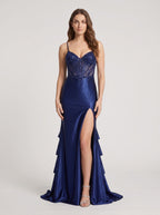 Navy Blue Satin & Sequins A-Line Sweetheart Corset Back Floor-Length Dress with Side Slit - Curvevia