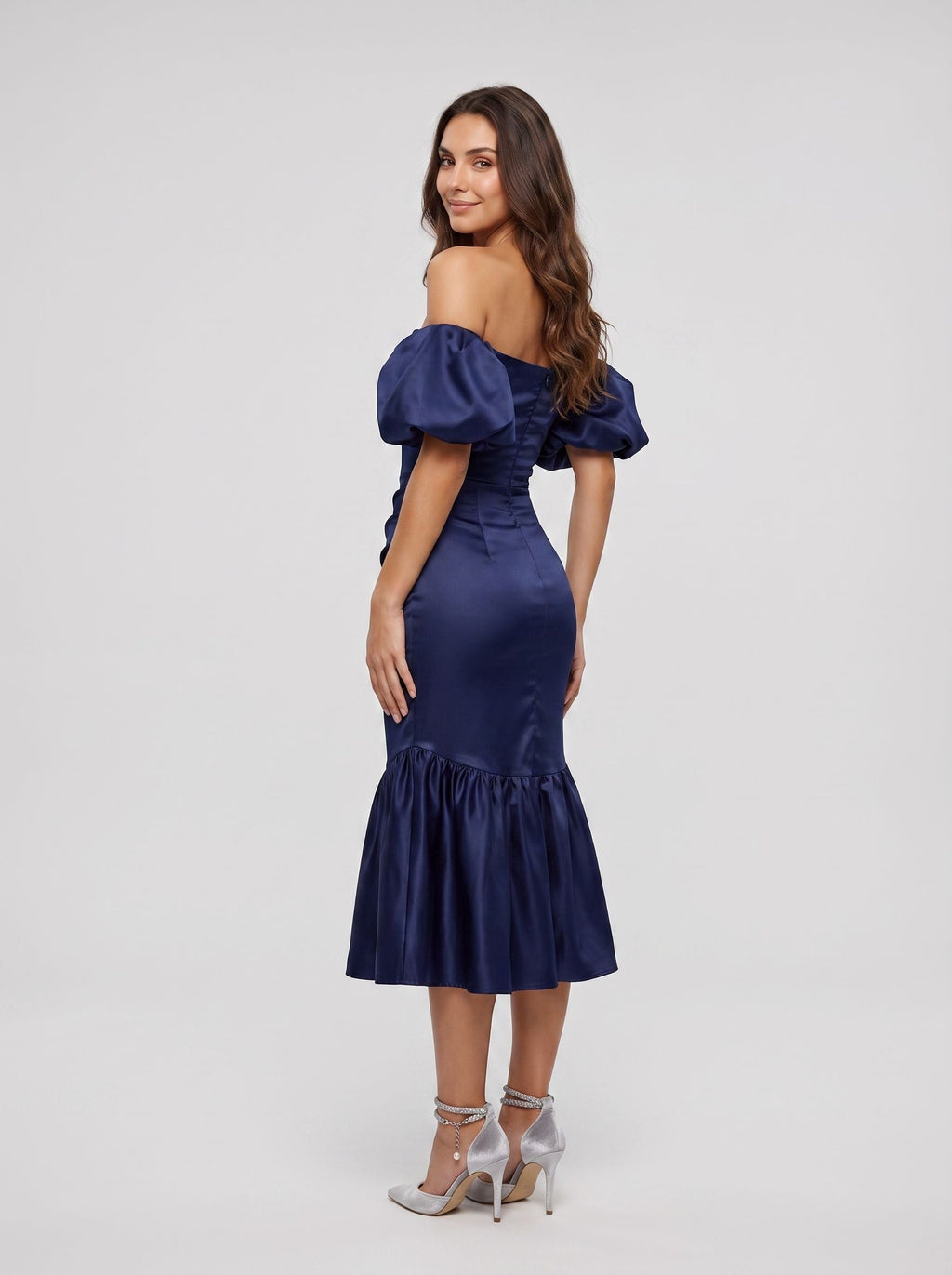 Navy Blue Satin column Straight Neck Back Zip Tea-Length Dress with Minimalist Bodice - Curvevia