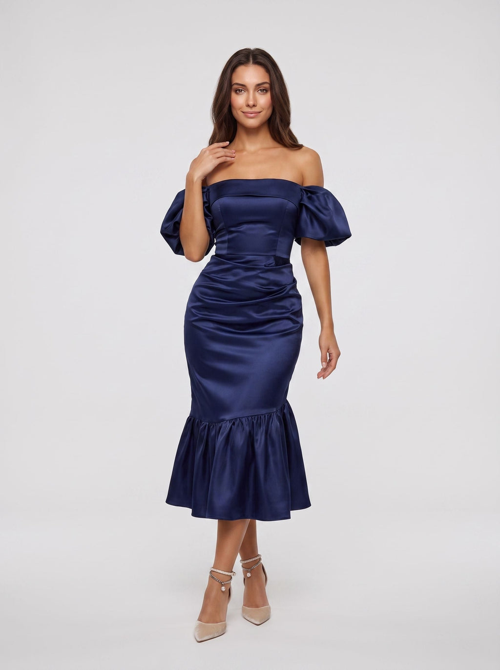 Navy Blue Satin column Straight Neck Back Zip Tea-Length Dress with Minimalist Bodice - Curvevia