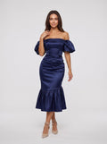 Navy Blue Satin column Straight Neck Back Zip Tea-Length Dress with Minimalist Bodice - Curvevia