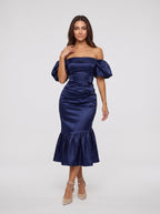 Navy Blue Satin column Straight Neck Back Zip Tea-Length Dress with Minimalist Bodice - Curvevia