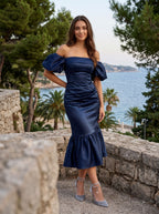 Navy Blue Satin column Straight Neck Back Zip Tea-Length Dress with Minimalist Bodice - Curvevia