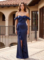 Navy Blue Satin Mermaid Off-the-Shoulder Back Zip Floor-Length Dress with Draped Bodice and High Side Slit - Curvevia