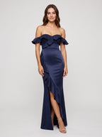 Navy Blue Satin Mermaid Off-the-Shoulder Back Zip Floor-Length Dress with Draped Bodice and High Side Slit - Curvevia