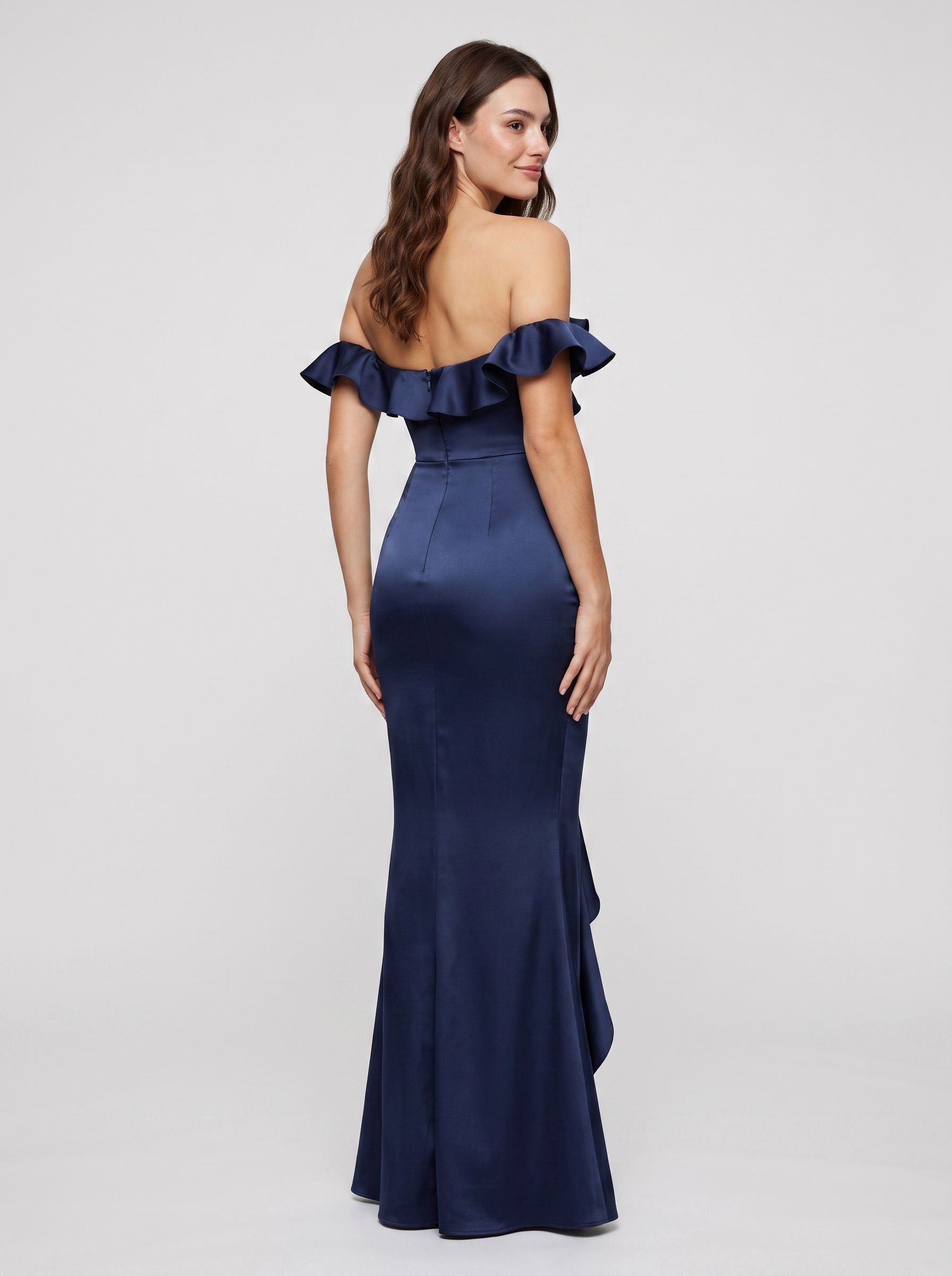 Navy Blue Satin Mermaid Off-the-Shoulder Back Zip Floor-Length Dress with Draped Bodice and High Side Slit - Curvevia