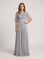 Silver Chiffon A-Line Scoop Neck Back Zip Floor-Length Dress with Sequin Bodice and Half Sleeves - Curvevia