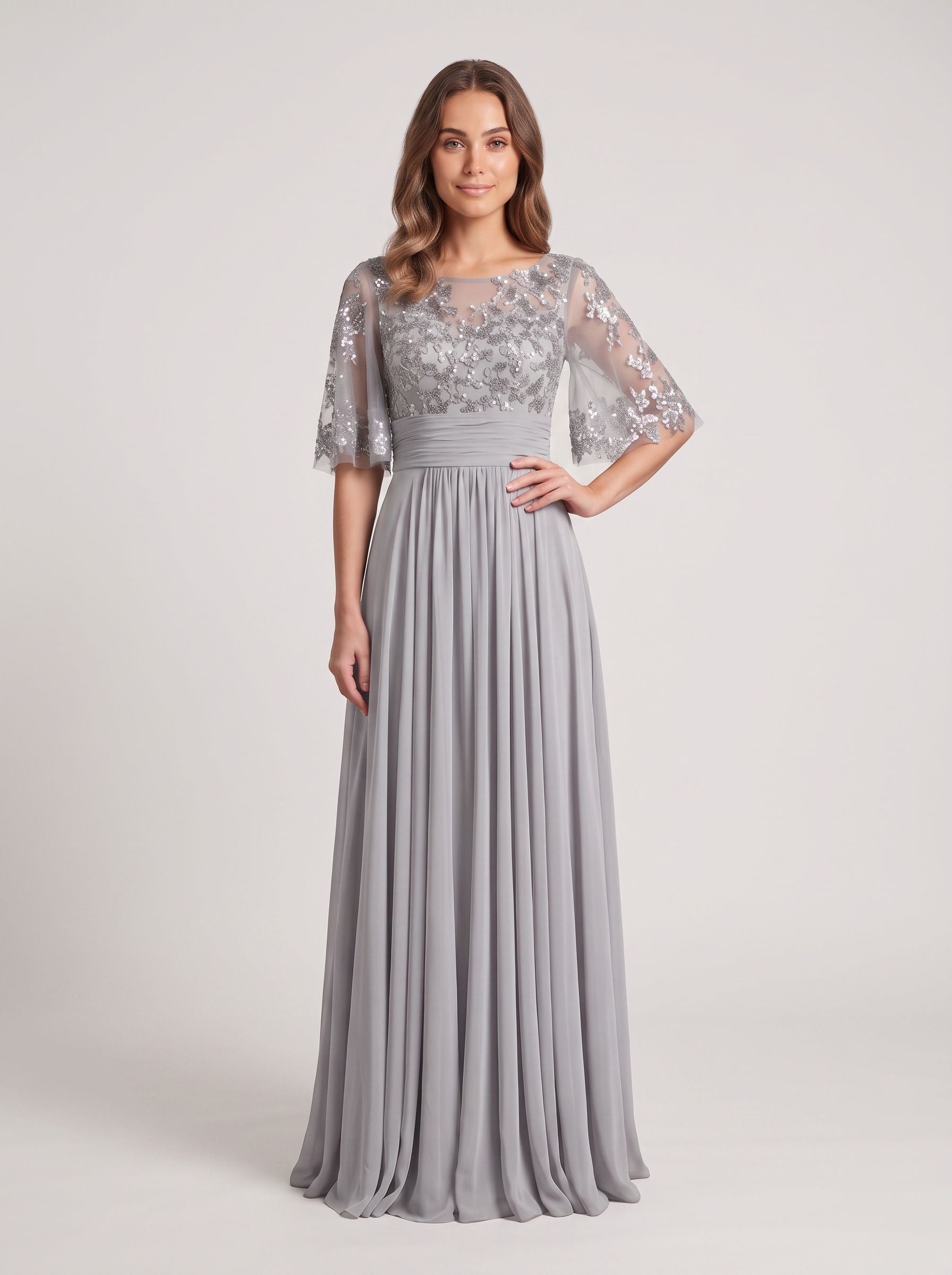 Silver Chiffon A-Line Scoop Neck Back Zip Floor-Length Dress with Sequin Bodice and Half Sleeves - Curvevia