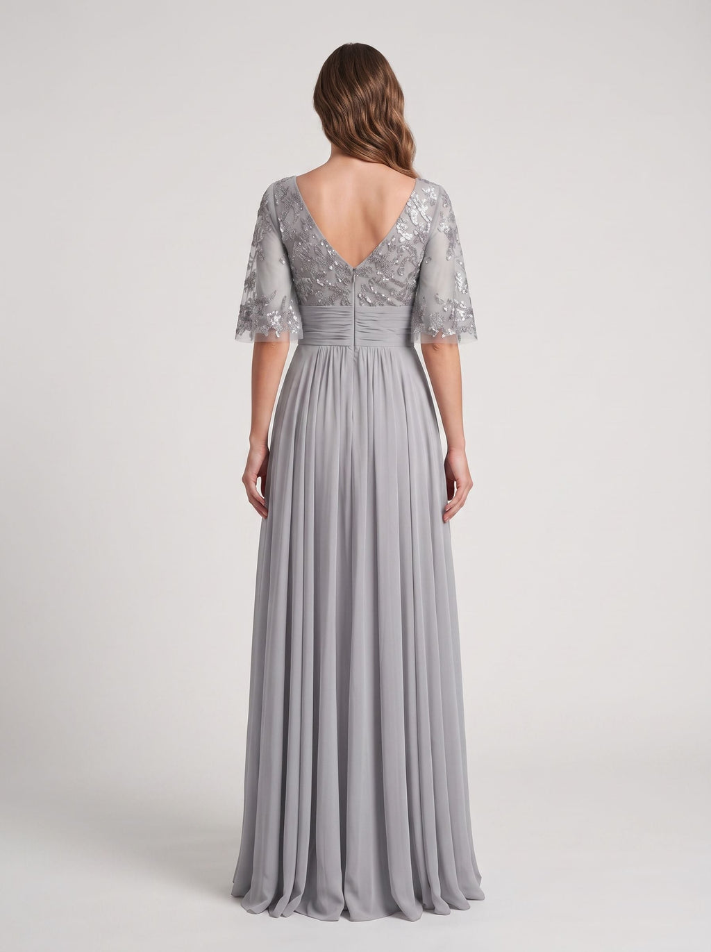 Silver Chiffon A-Line Scoop Neck Back Zip Floor-Length Dress with Sequin Bodice and Half Sleeves - Curvevia