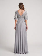 Silver Chiffon A-Line Scoop Neck Back Zip Floor-Length Dress with Sequin Bodice and Half Sleeves - Curvevia