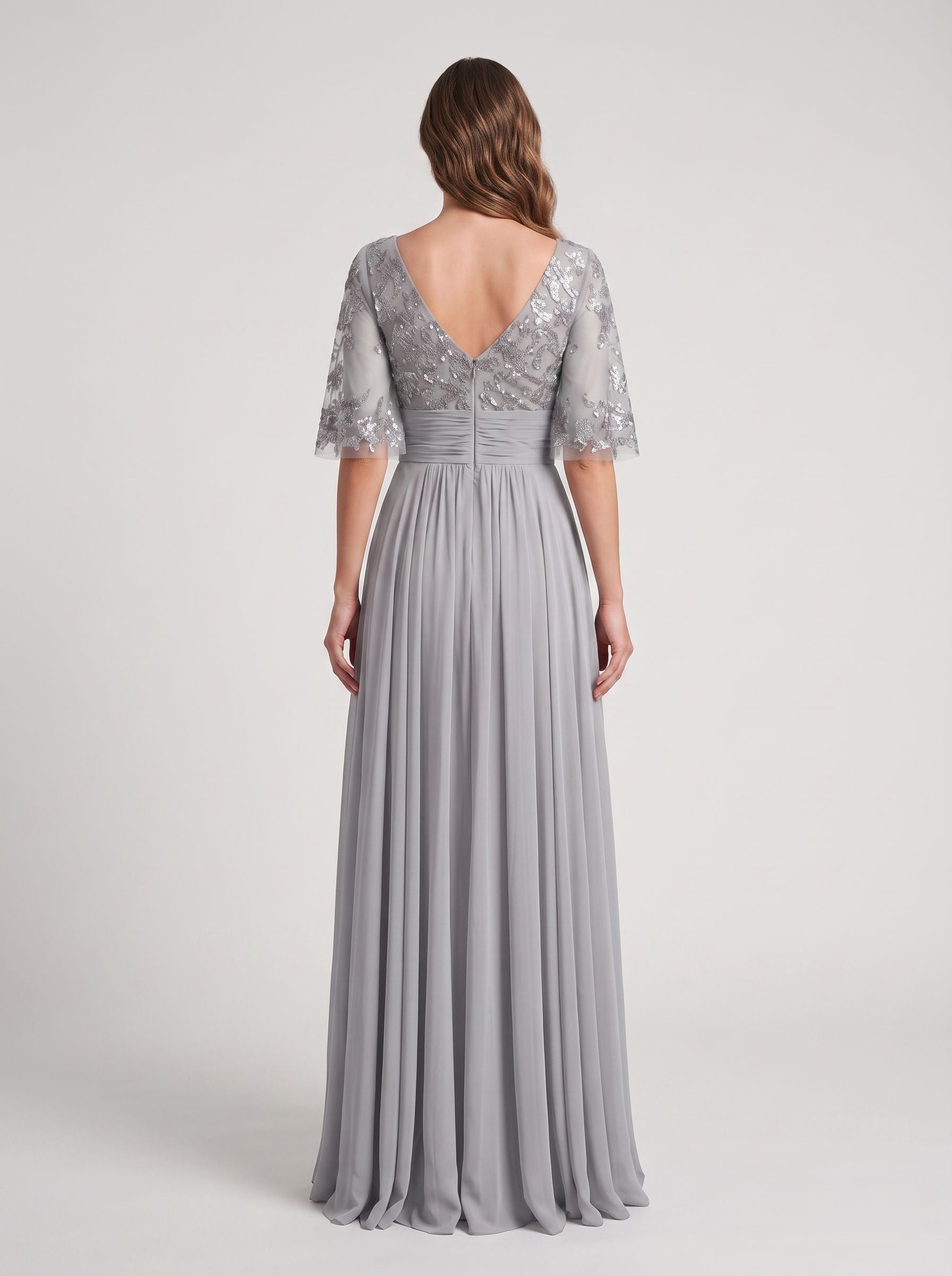 Silver Chiffon A-Line Scoop Neck Back Zip Floor-Length Dress with Sequin Bodice and Half Sleeves - Curvevia