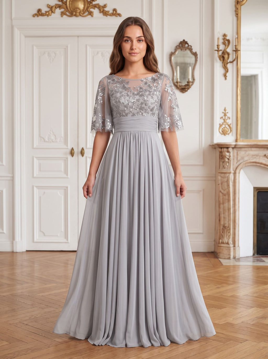 Silver Chiffon A-Line Scoop Neck Back Zip Floor-Length Dress with Sequin Bodice and Half Sleeves - Curvevia