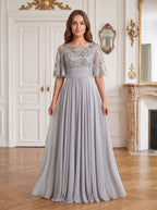 Silver Chiffon A-Line Scoop Neck Back Zip Floor-Length Dress with Sequin Bodice and Half Sleeves - Curvevia