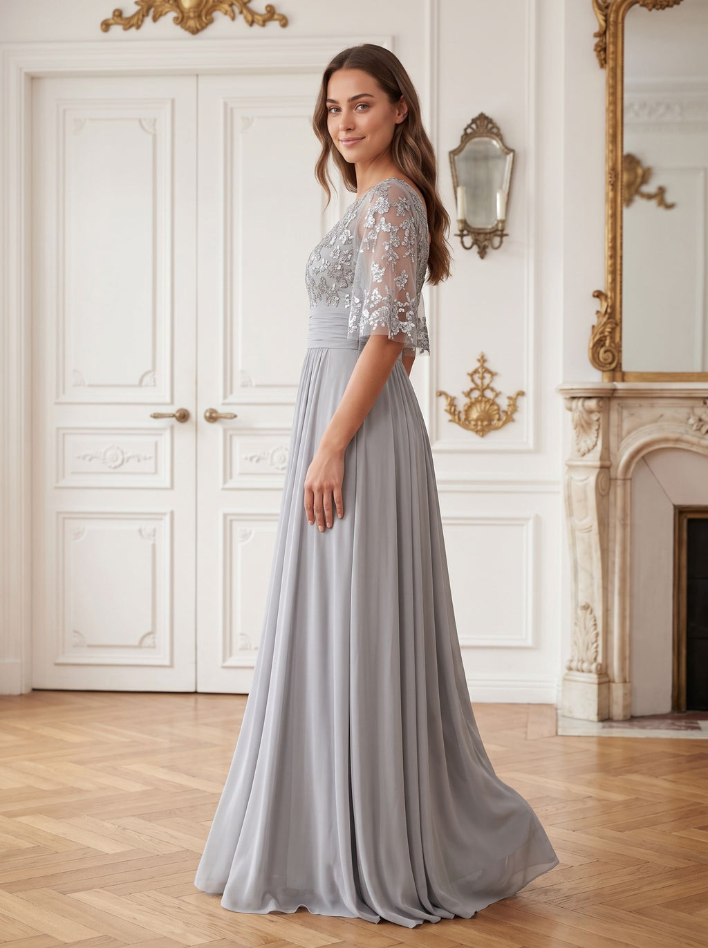 Silver Chiffon A-Line Scoop Neck Back Zip Floor-Length Dress with Sequin Bodice and Half Sleeves - Curvevia