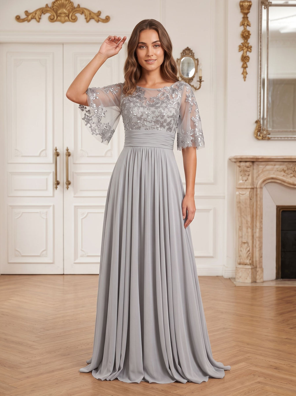 Silver Chiffon A-Line Scoop Neck Back Zip Floor-Length Dress with Sequin Bodice and Half Sleeves - Curvevia