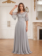 Silver Chiffon A-Line Scoop Neck Back Zip Floor-Length Dress with Sequin Bodice and Half Sleeves - Curvevia