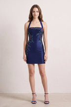 Navy Blue Sheath Halter Floral Homecoming Dress With Beading - Curvevia