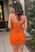 Navy Blue Spaghetti Straps Illusion Sheath Sequins Homecoming Dress - Curvevia