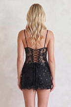 Navy Blue Spaghetti Straps Illusion Sheath Sequins Homecoming Dress - Curvevia