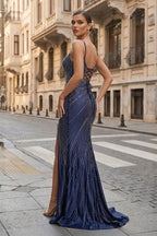 Navy Blue Spaghetti Straps Mermaid Satin Long Prom Dresses With Beading - Curvevia