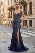 Navy Blue Spaghetti Straps Mermaid Satin Long Prom Dresses With Beading - Curvevia