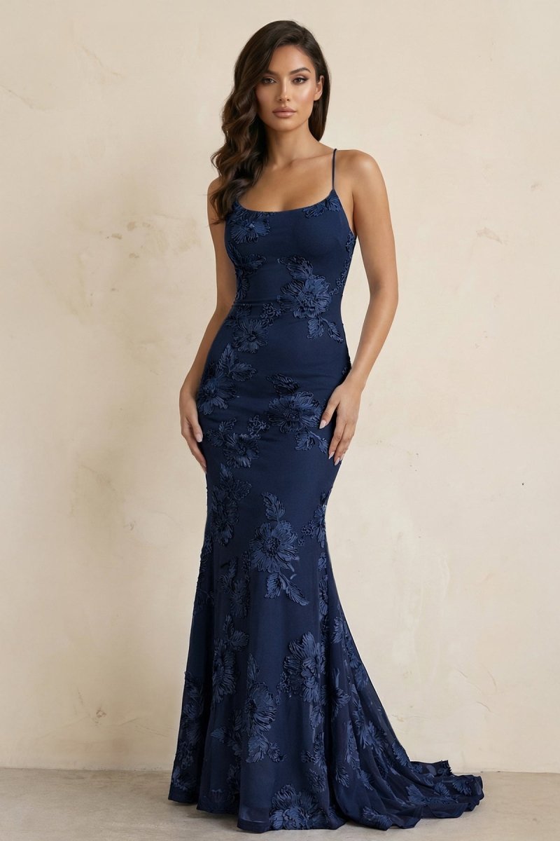 Sky Blue Spaghetti Straps Mermaid Tulle Long Prom Dresses With Appliques - Curvevia