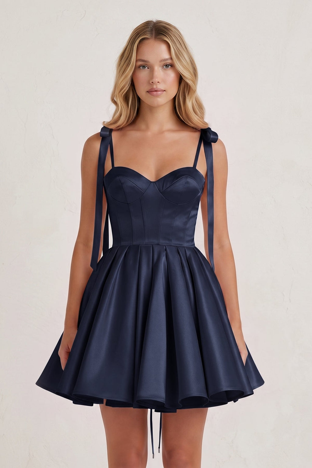 Navy Blue Spaghetti Straps Satin Pleated A-Line Wedding Guest Dress with Bow - Curvevia