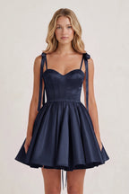 Navy Blue Spaghetti Straps Satin Pleated A-Line Wedding Guest Dress with Bow - Curvevia