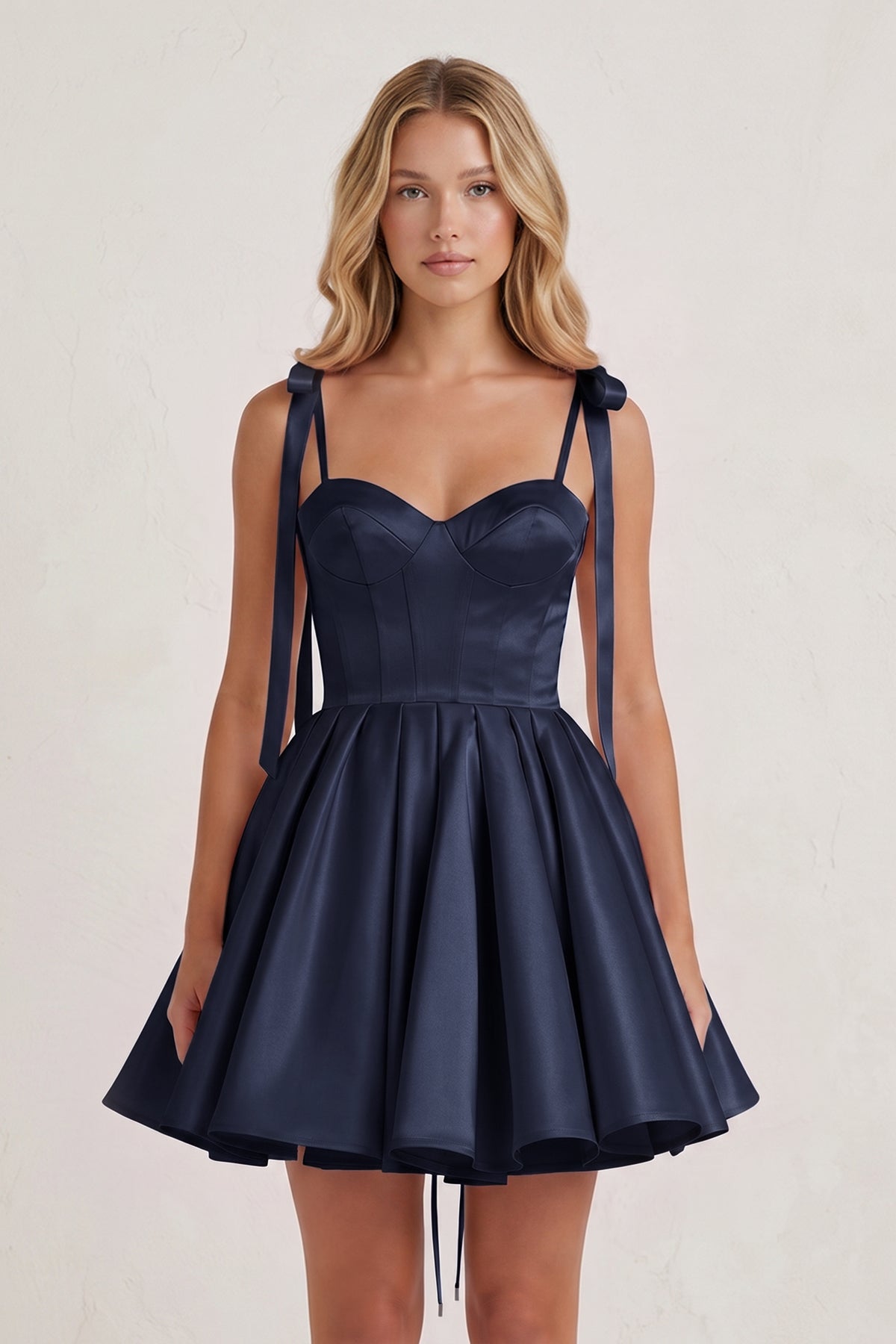 Navy Blue Spaghetti Straps Satin Pleated A-Line Wedding Guest Dress with Bow - Curvevia