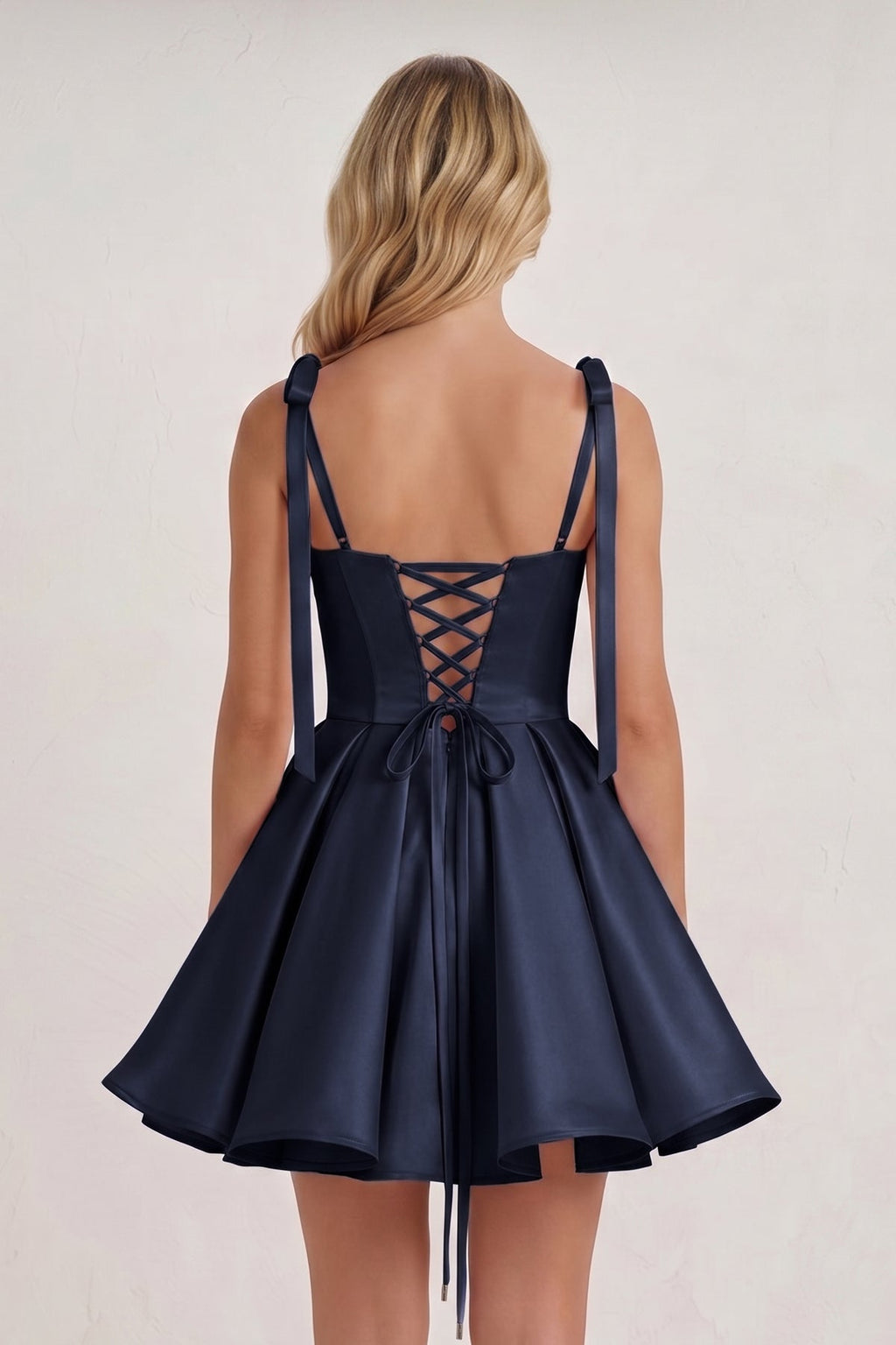 Navy Blue Spaghetti Straps Satin Pleated A-Line Wedding Guest Dress with Bow - Curvevia