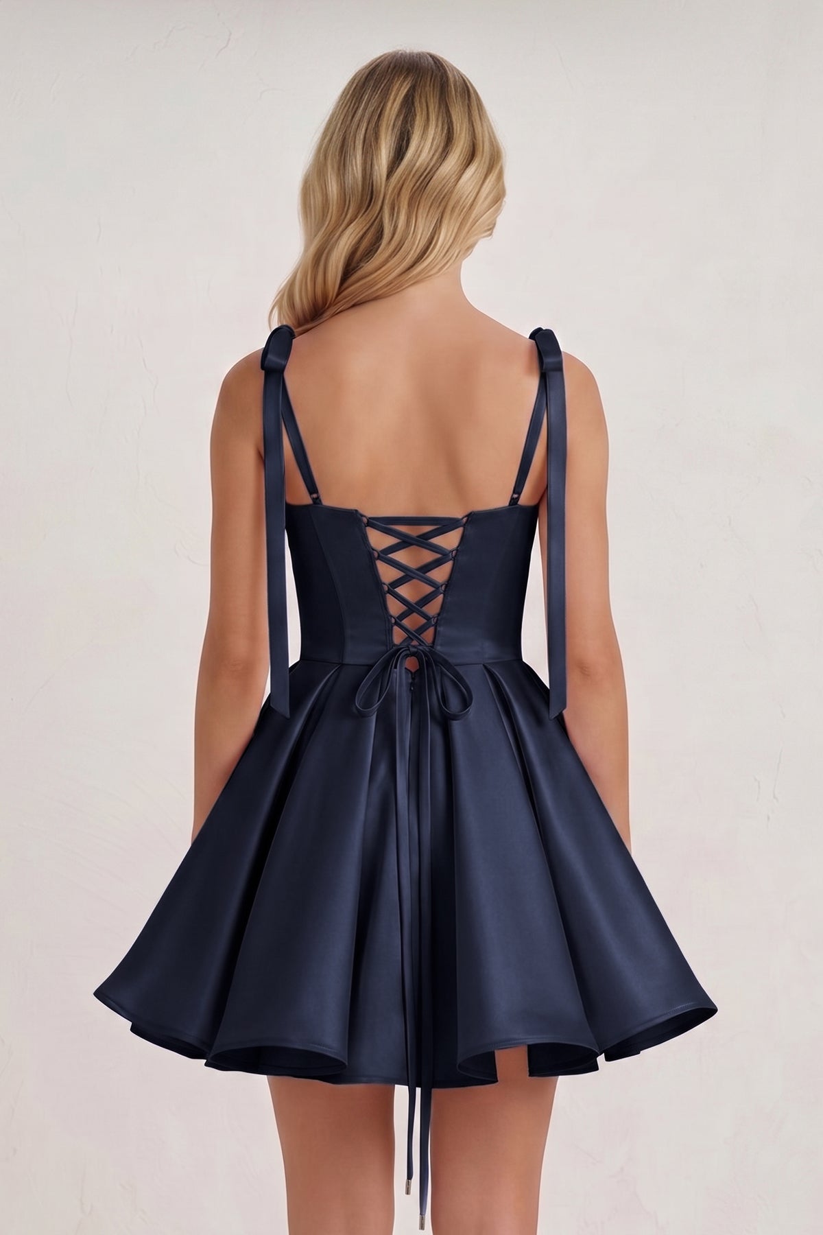 Navy Blue Spaghetti Straps Satin Pleated A-Line Wedding Guest Dress with Bow - Curvevia