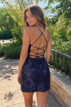 Navy Blue Spaghetti Straps Sequin Embroidery Sheath Homecoming Dress - Curvevia