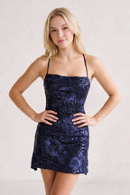 Navy Blue Spaghetti Straps Sequin Embroidery Sheath Homecoming Dress - Curvevia