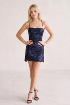 Navy Blue Spaghetti Straps Sequin Embroidery Sheath Homecoming Dress - Curvevia